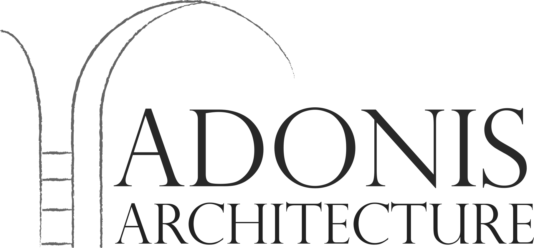 Logo de l'agence d'architecture 'Adonis Architecture' avec une illustration de deux arches, dont une avec une échelle