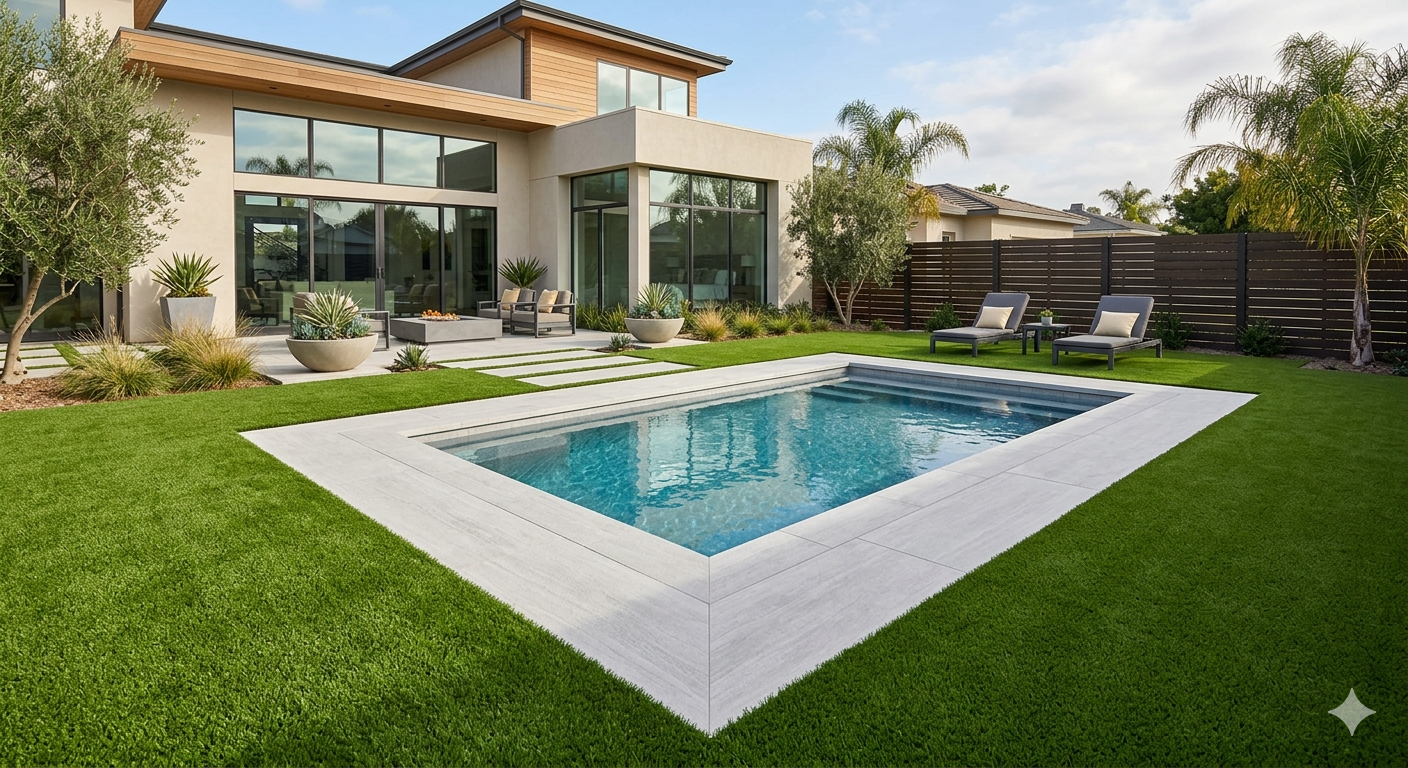 Modern backyard with a rectangular in-ground swimming pool, surrounded by lush green grass, patio furniture, potted desert plants, and a contemporary house with large glass windows and a wooden roof.