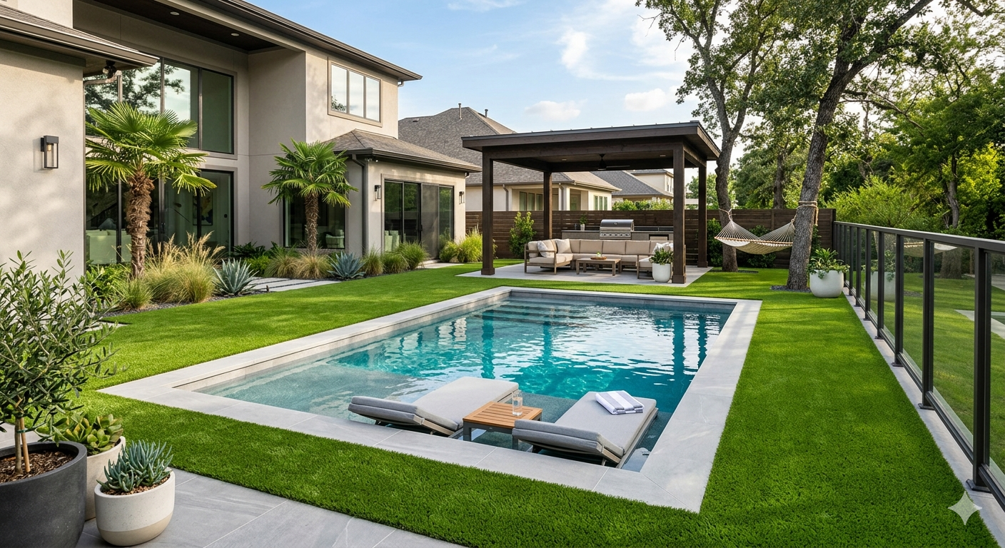 A backyard with a small swimming pool, surrounded by a manicured lawn and potted plants. There is a covered seating area with outdoor furniture and a hammock hanging between trees. The space is enclosed by a glass fence and lush greenery.
