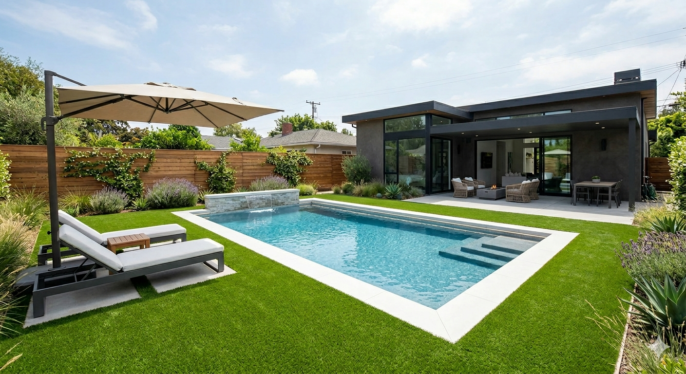 Modern backyard with a rectangular in-ground pool, lounge chairs with an umbrella, and a covered patio with outdoor furniture.