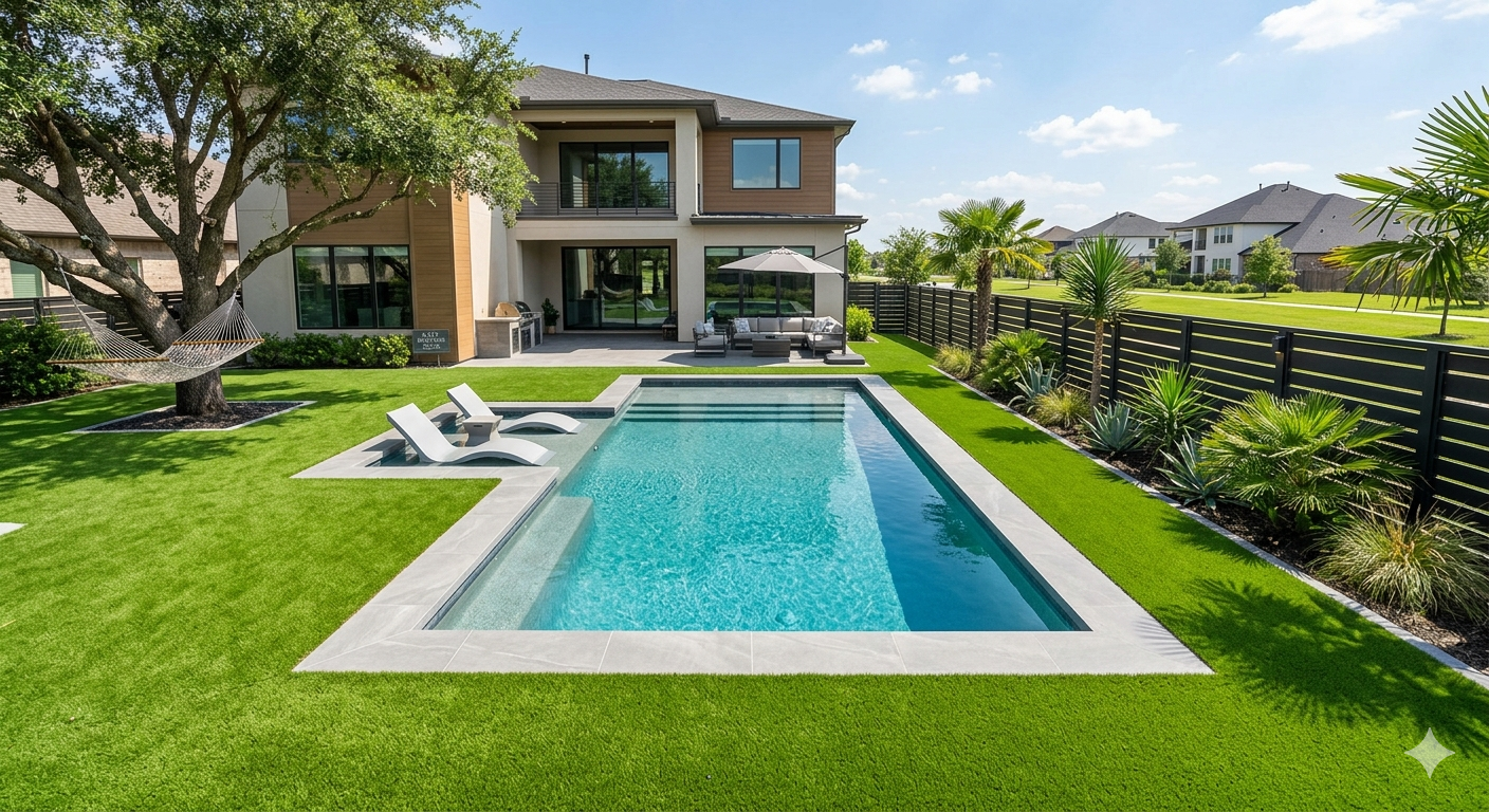 Backyard with a modern rectangular swimming pool, white lounge chairs, green lawn, large tree with hammock, patio with outdoor furniture, palm trees, and a black fence.