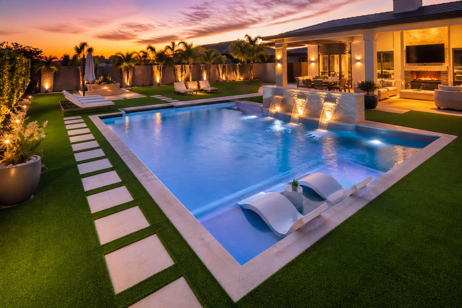 Luxury backyard with illuminated swimming pool, outdoor seating, lush lawn, palm trees, and a firepit area at sunset.