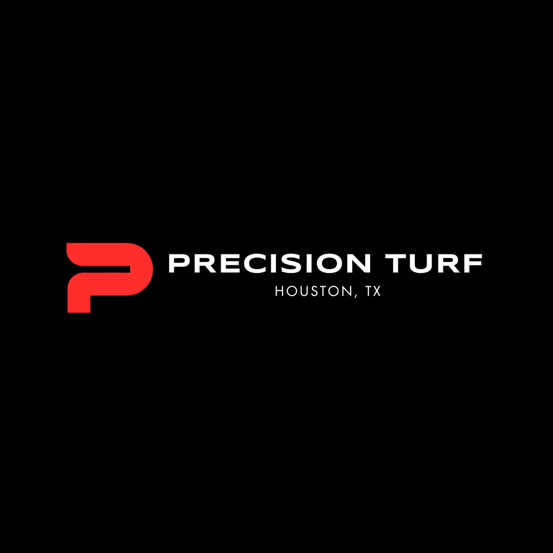 Black background with a red and white logo and text reading 'Precision Turf Houston, TX'.