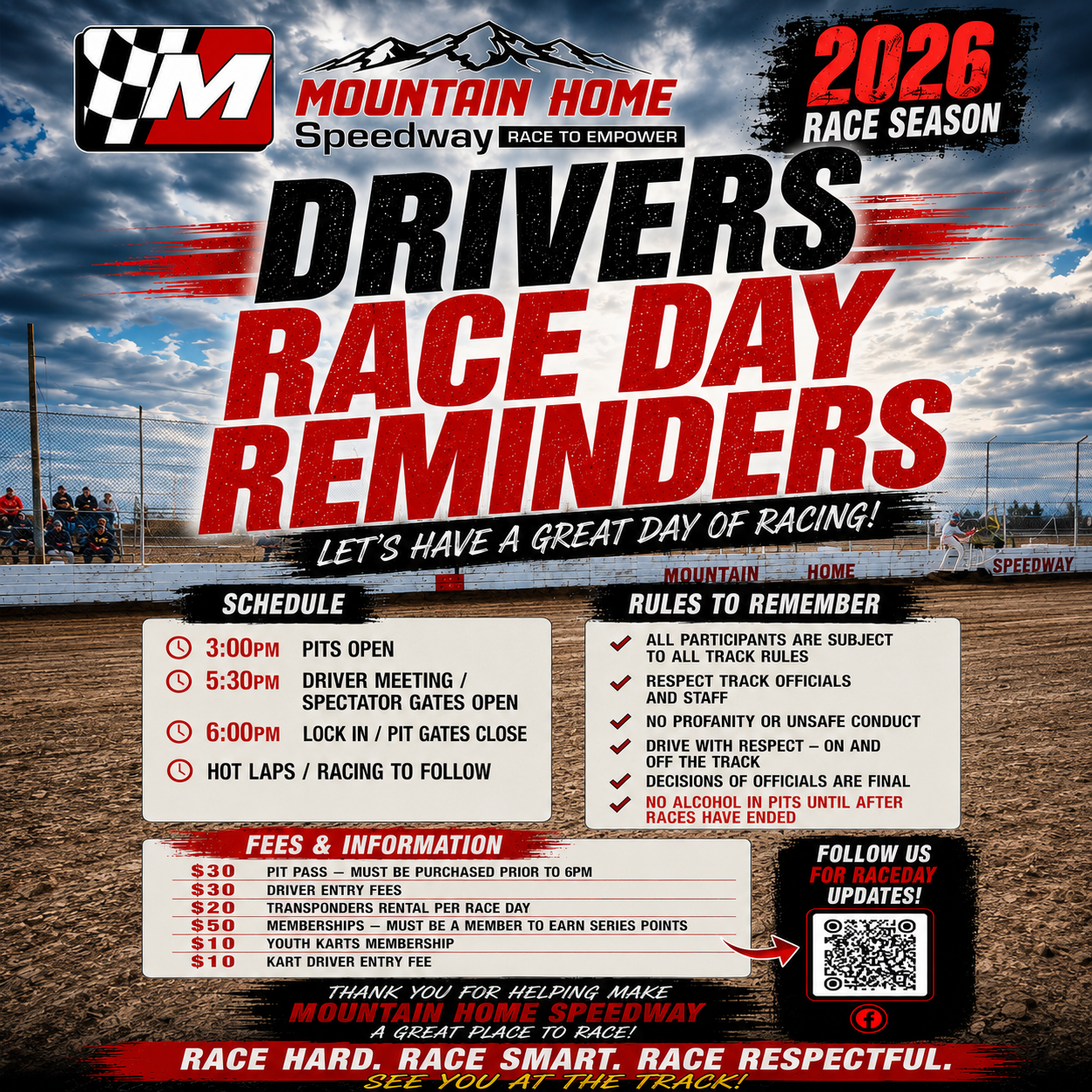 Poster for Mountain Home Speedway Race Day Reminders with schedule, rules, fees, and QR code for updates. Background shows a dirt race track with a horse and spectator stands under cloudy sky.