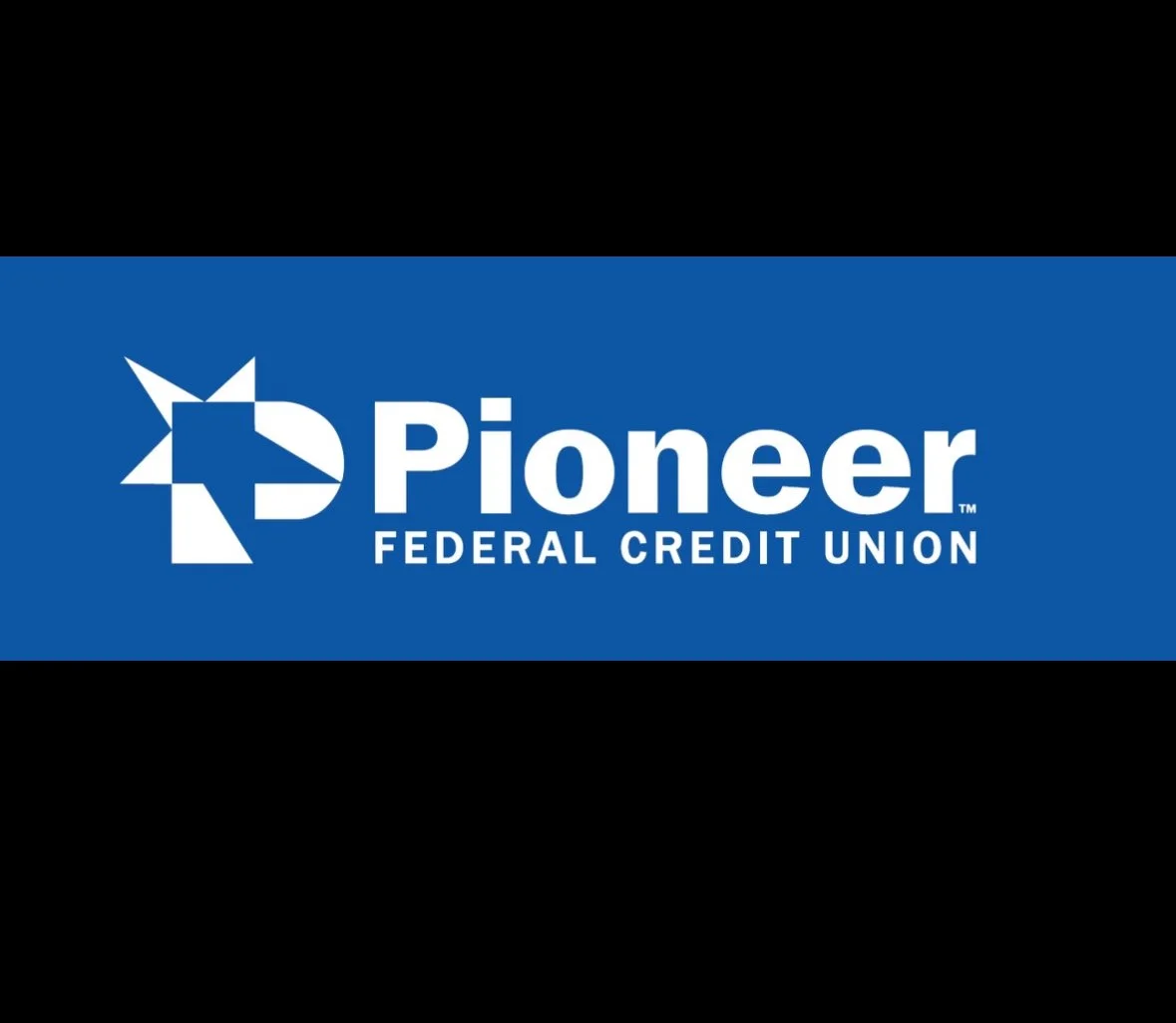 Pioneer Federal Credit Union logo with a star and circle design in blue and white.