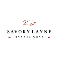 Logo for Savory Layne Steakhouse featuring a red bull and the restaurant name in black text