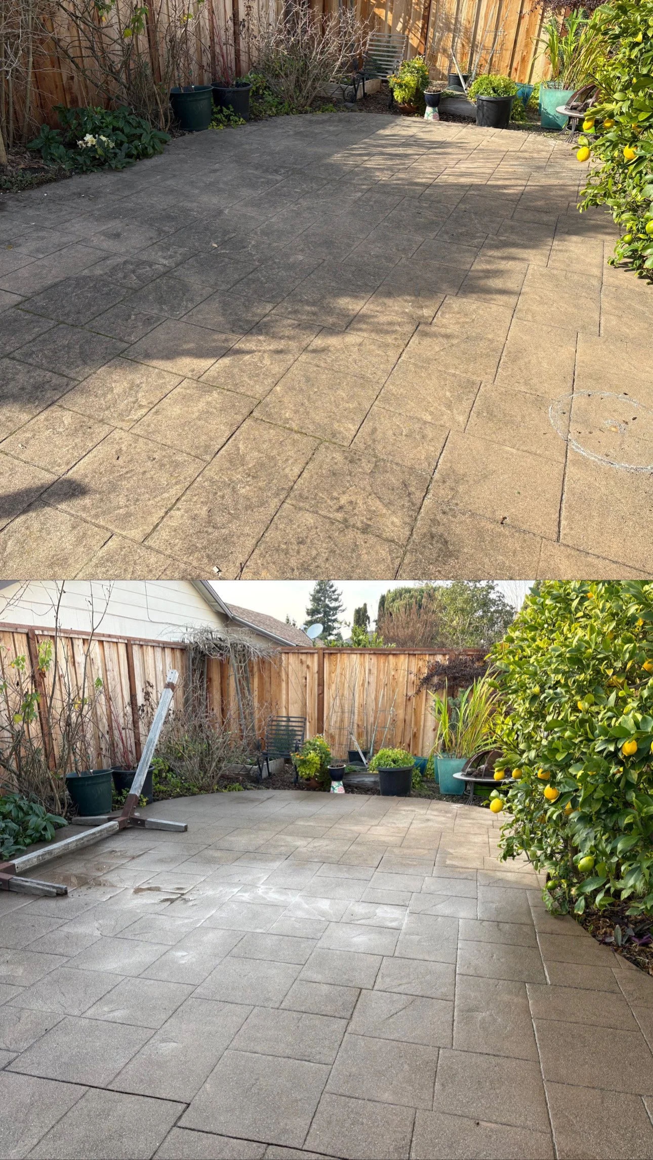 A before and after comparison of a backyard patio, showing improvements in cleaning and resealing the stone surface. The top image depicts the dirty, weathered patio, while the bottom image shows the cleaned and sealed patio with a more polished appearance.