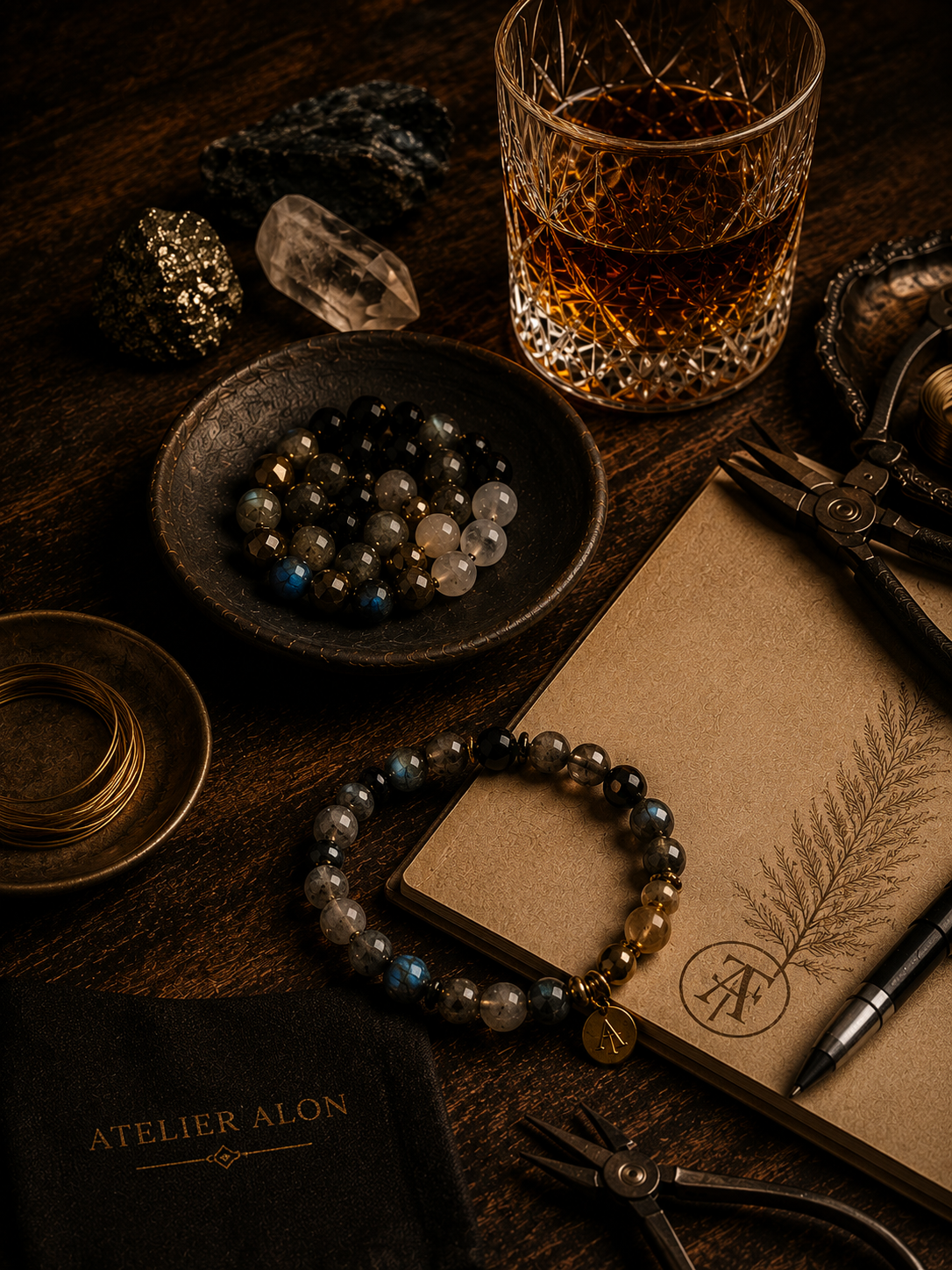 Artisan gemstone jewelry design at Atelier Alon featuring natural gemstones, handcrafted bracelet construction, jewelry-making tools, and a luxury whiskey-palette studio aesthetic.