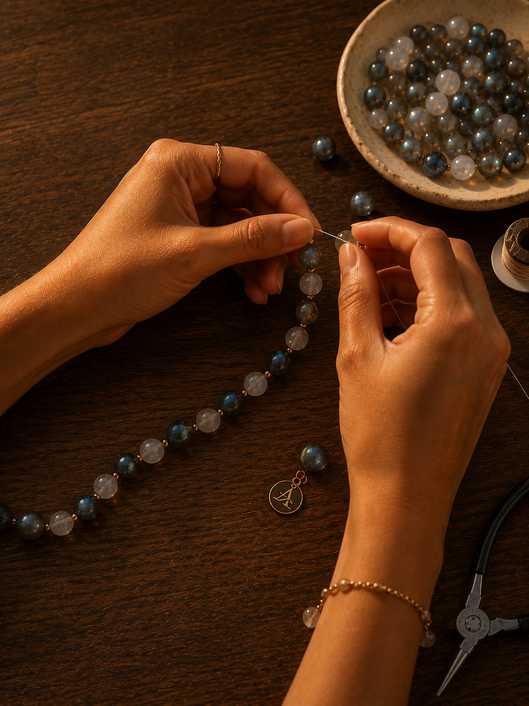 Filipina artisan handcrafting a gemstone necklace with labradorite, moonstone, and premium jewelry components in the Atelier Alon studio.