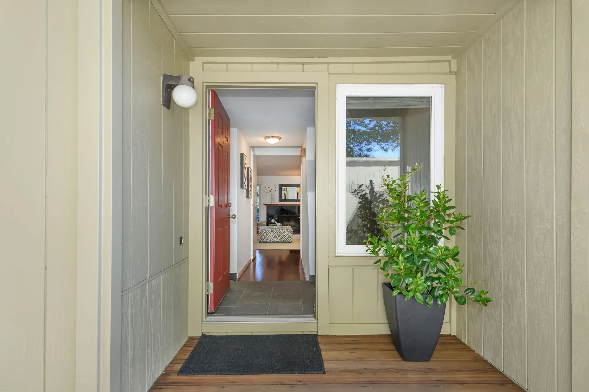 View of an entryway with green paneled walls, a potted green plant in a black container, a dark doormat, a red door to the left, and a large window on the right. Inside the house, a hallway with wooden flooring leads to a living room with artwork on 