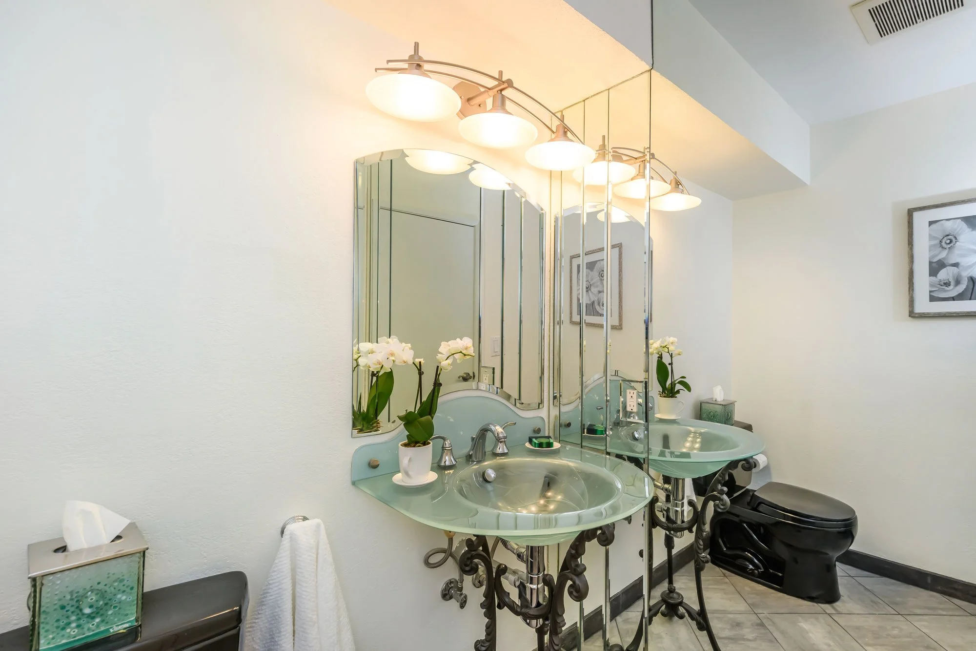 Bathroom with dual glass sinks, ornate dark metal vanity, large mirror, wall-mounted light fixture, framed black-and-white floral artwork, orchid plants, tissue box, black toilet, and black storage cabinet.