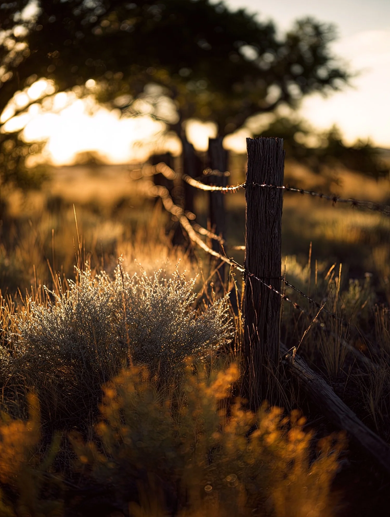 Sunset scene of a barbed wire fence with a wooden post, surrounded by grass and plants, with a blurred tree and warm sunlight in the background.