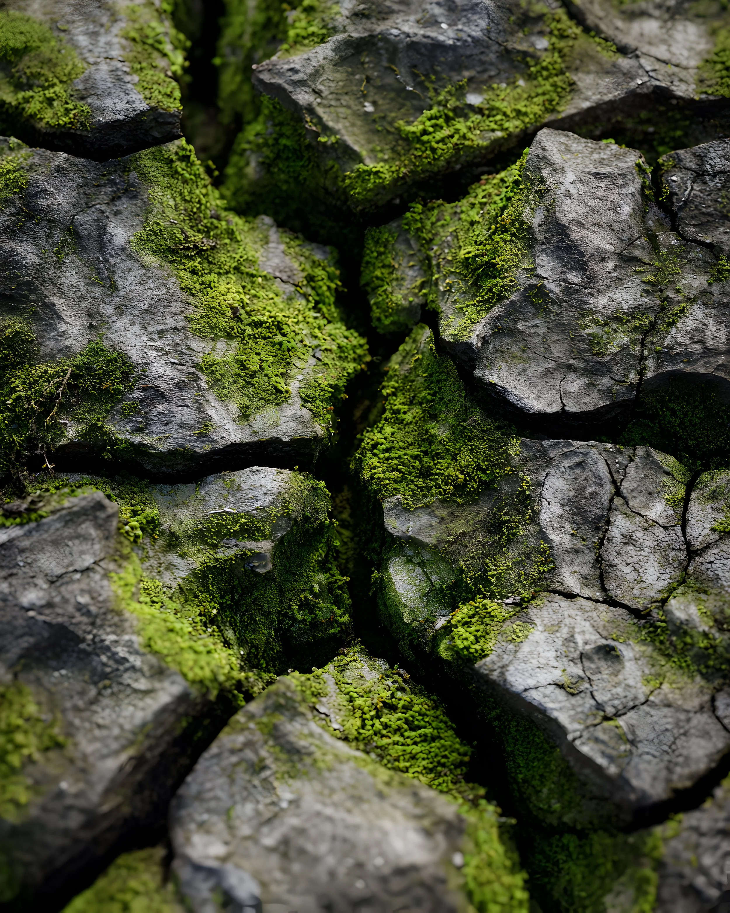 Close-up of gray rocks with patches of bright green moss and tiny plants growing in the crevices.