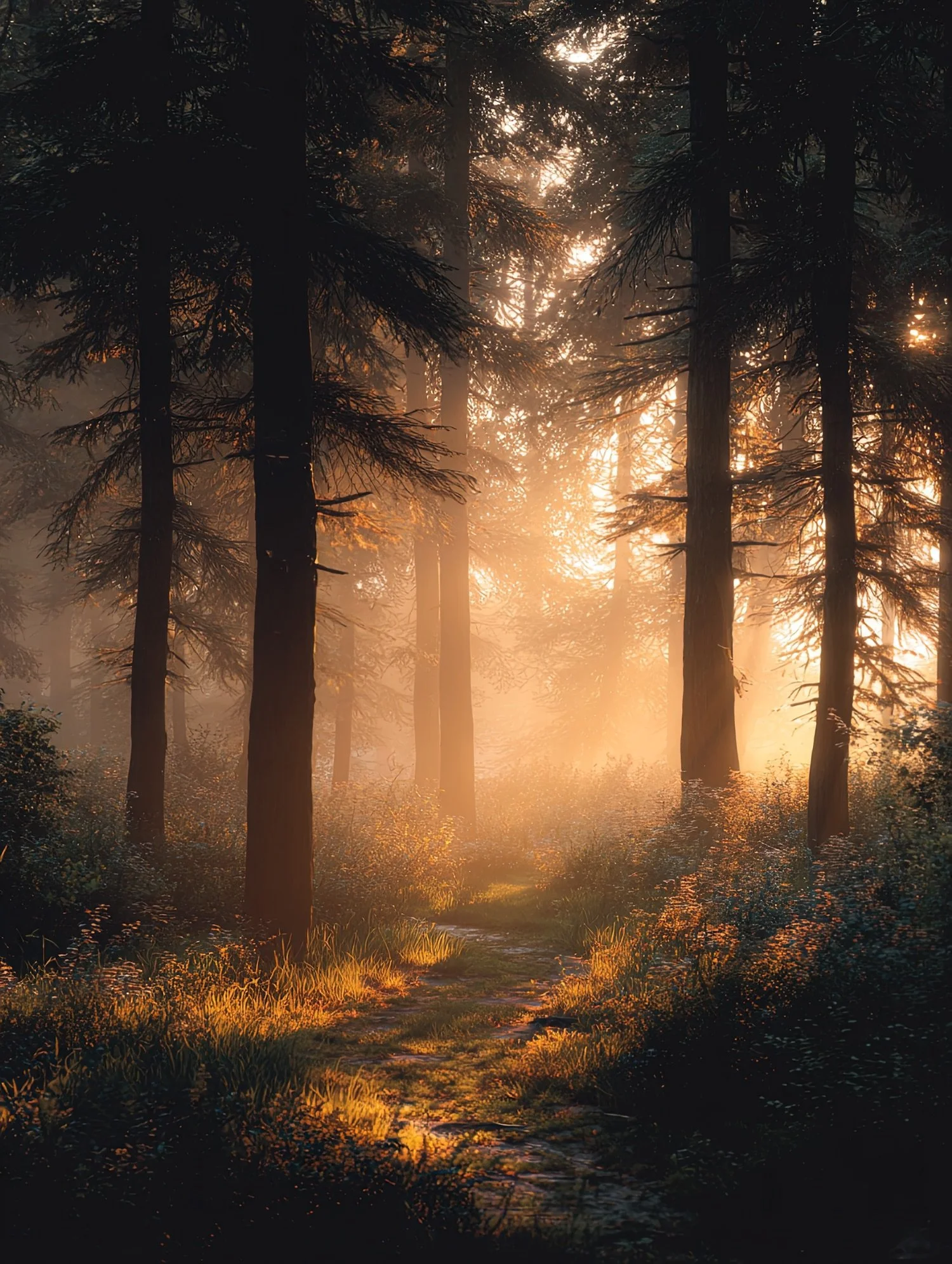 Sunset or sunrise shining through a dense forest of tall trees with golden light illuminating the forest floor and creating shadows.