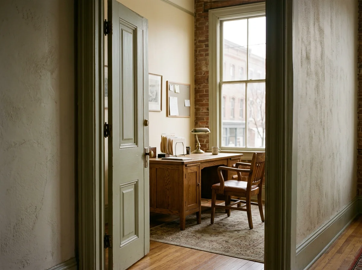 A cozy home office with a wooden desk, a vintage desk lamp, folders, a cup, a wooden chair, and a large window showing an outside view of brick buildings and trees.