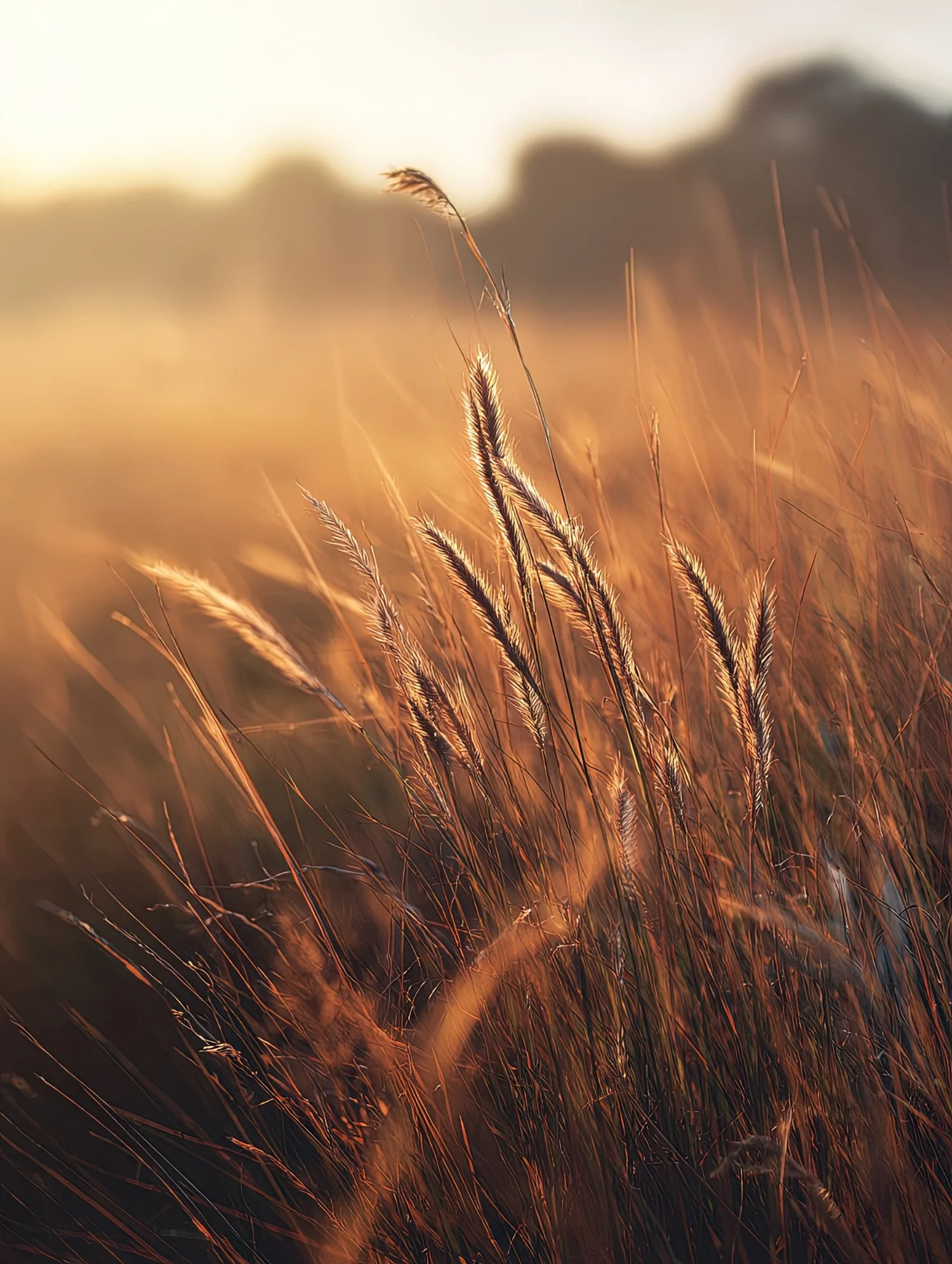 Close-up of dried grass and plants illuminated by warm sunlight, with blurred trees in the background.