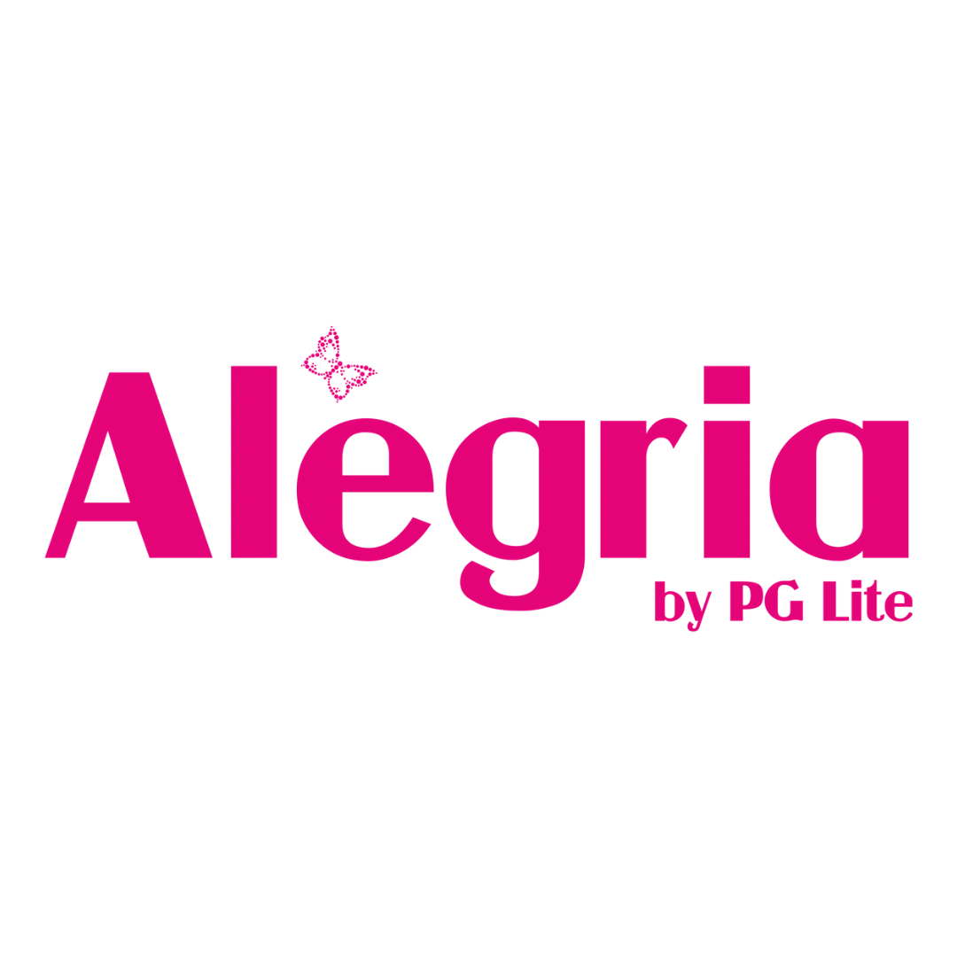 The word 'Alegria' in bold pink letters with a butterfly design above the letter 'l' and the text 'by PG Lite' in smaller pink font underneath.