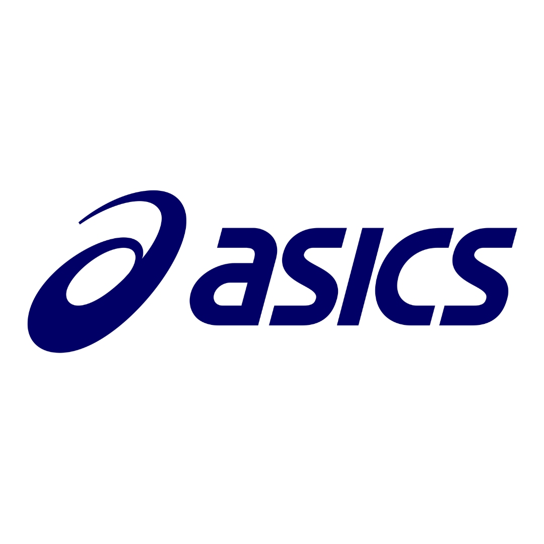 ASICS logo in blue with stylized text and swoosh icon.