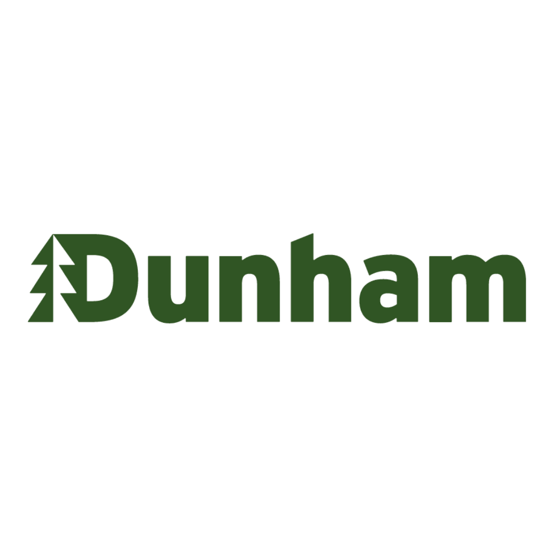Dunham outdoor clothing brand logo in green with a stylized pine tree on the left.