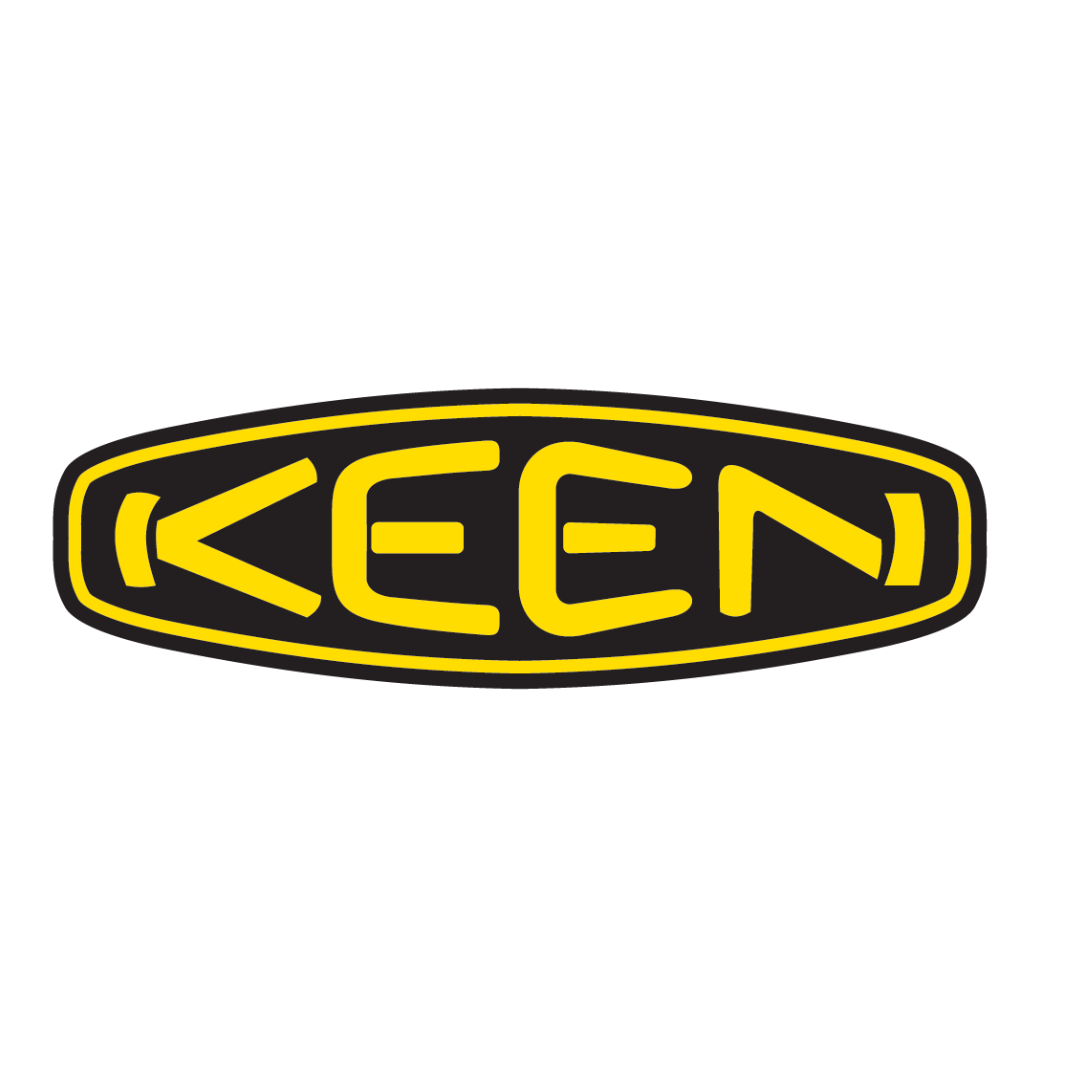 KEEN logo in yellow and black with word KEEN inside an oval shape.