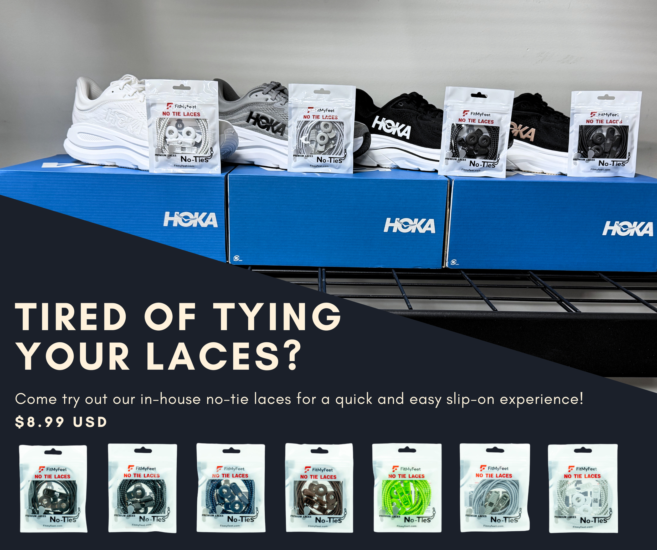 Display of HOKA sneakers on a shelf with packages of no-tie laces in front, advertising easy slip-on laces for $8.99.