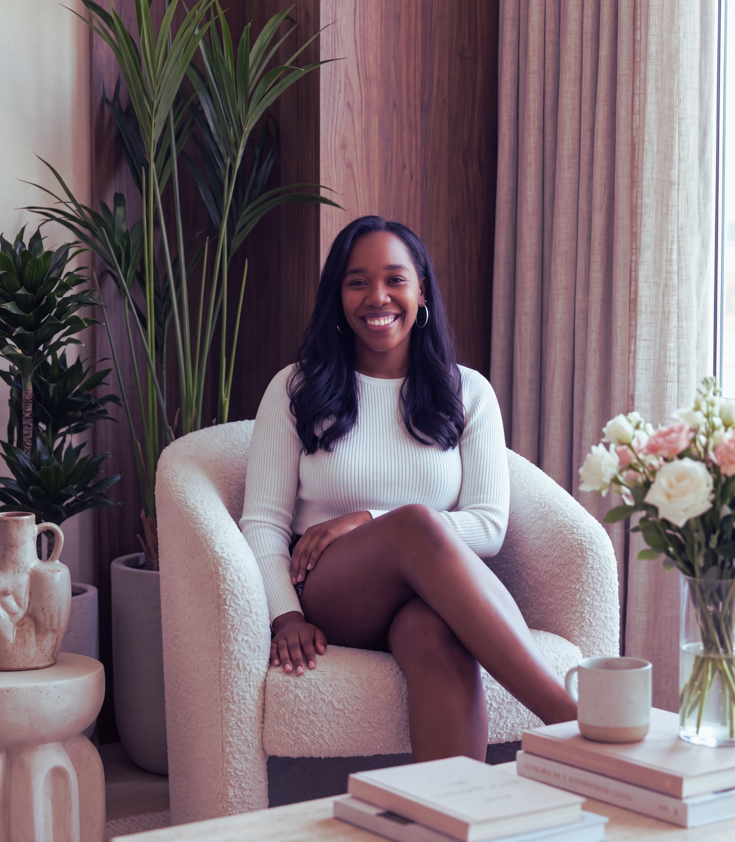 Smiling woman sitting on a white textured armchair near a window with cream curtains, decorated with green plants and white flowers on a table.