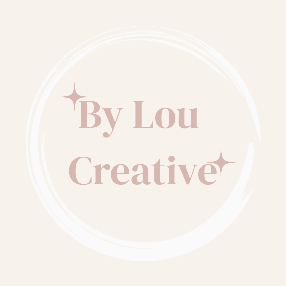 Design with the text 'By Lou Creative' in a soft pink font, surrounded by a white circular brush stroke and sparkles on a beige background.
