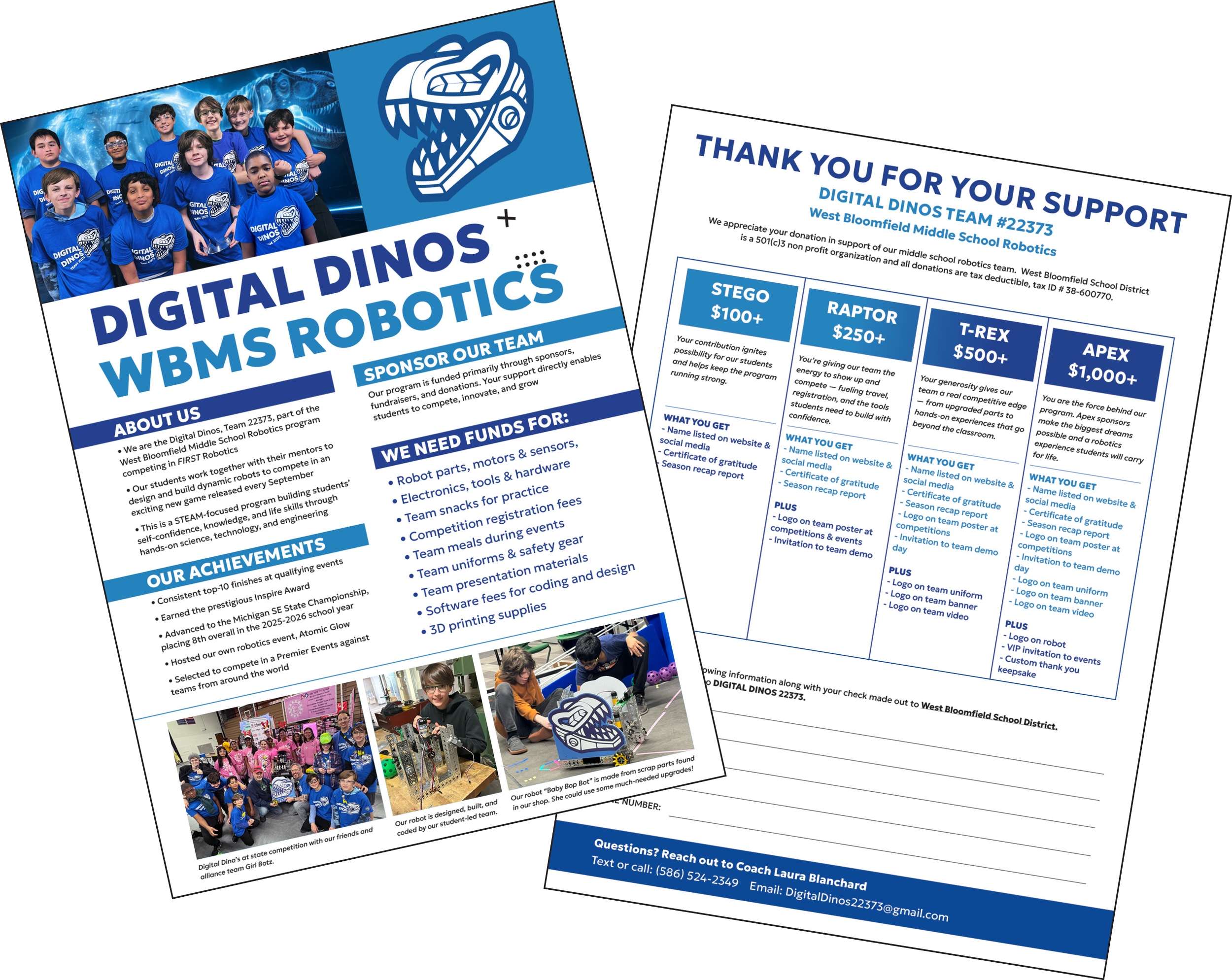 Flyers promoting the Digital Dinos West Bloomfield Middle School Robotics Team #22373, featuring team photos, robot images, and sponsorship information.