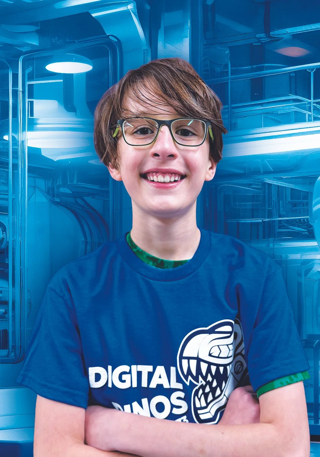 A young boy with glasses and brown hair, smiling with arms crossed, wearing a blue T-shirt with a dinosaur graphic and the words "Digital Dinosaurs," standing in front of a shiny blue metallic background.