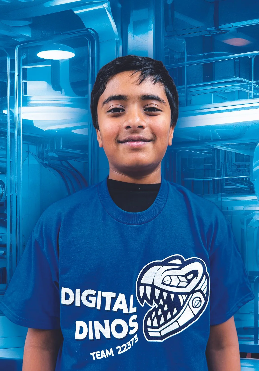 A boy with short dark hair smiling at the camera, wearing a blue t-shirt that says 'Digital Dinos Team 22373' with a graphic of a dinosaur head, standing in front of a background with a blue plastic structure.