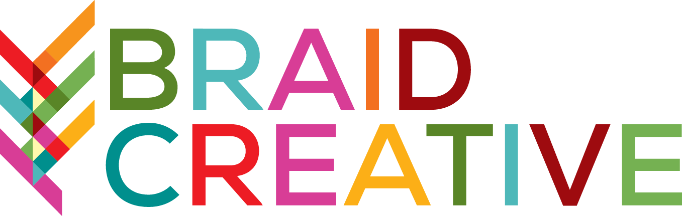 Colorful logo with diagonal lines forming a pride flag on the left and the words "Braid Creative" in multicolored block letters on the right.