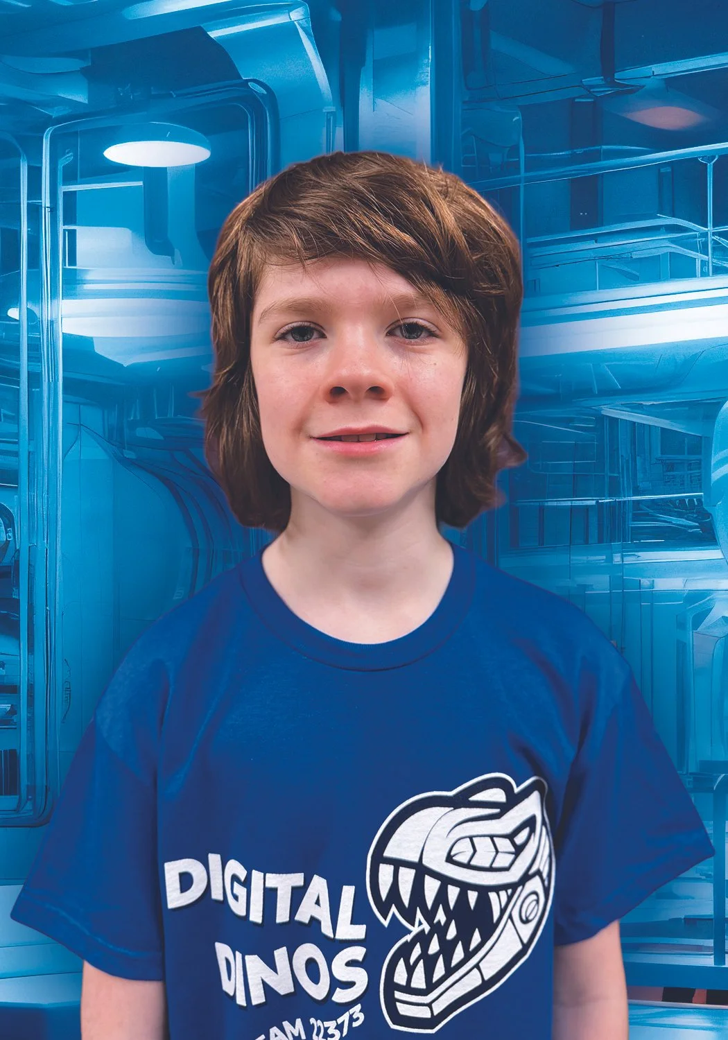 A boy with brown hair, wearing a blue T-shirt with a dinosaur graphic and the words 'Digital Dinos,' standing in front of a digital photo of a blue-tinted interior of a refrigerator.