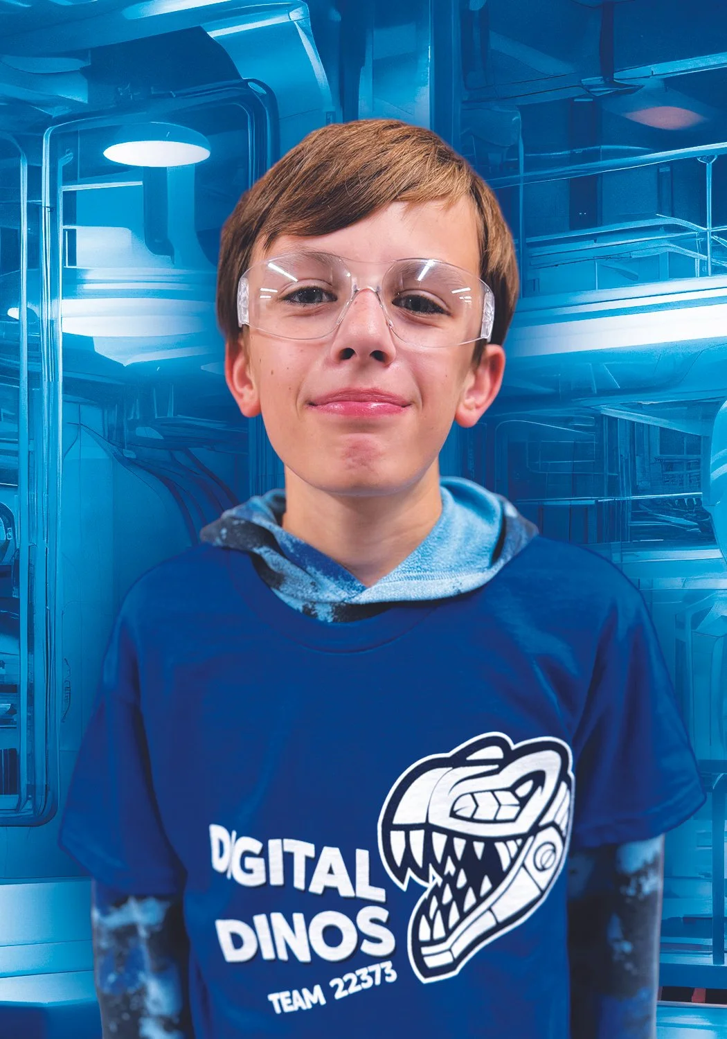 A boy wearing clear safety glasses and a navy blue T-shirt with a dinosaur logo and the text "Digital Dinos Team 22373" standing in front of a blue industrial or technological background.