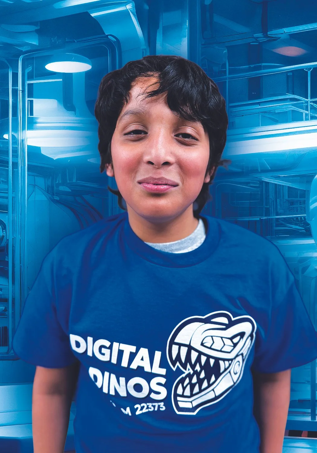 A boy with short black hair smiling and wearing a blue t-shirt with a dinosaur graphic and the words 'DIGITAL Dinos'. He is standing in front of a blue plastic storage container.