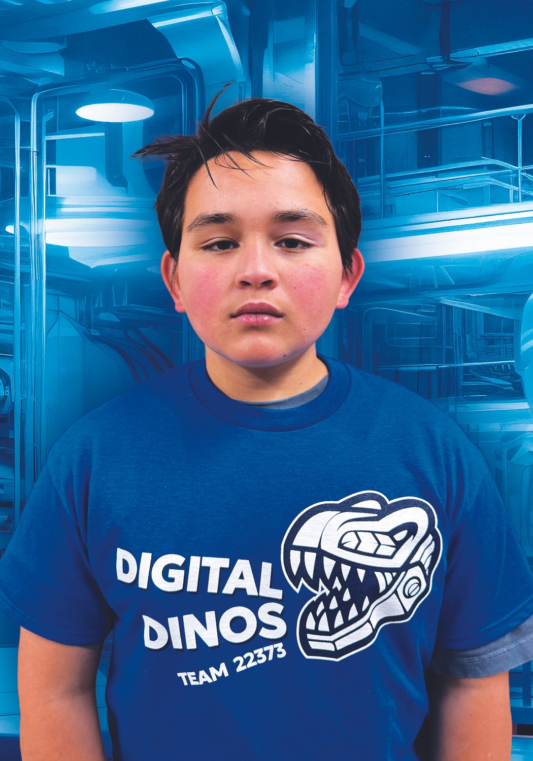 A young boy with wet, tousled dark hair and slightly red cheeks, wearing a blue T-shirt with a graphic of a dinosaur head and the words 'Digital Dinos Team 22373' printed on it, standing in front of a metallic blue background with industrial structures.