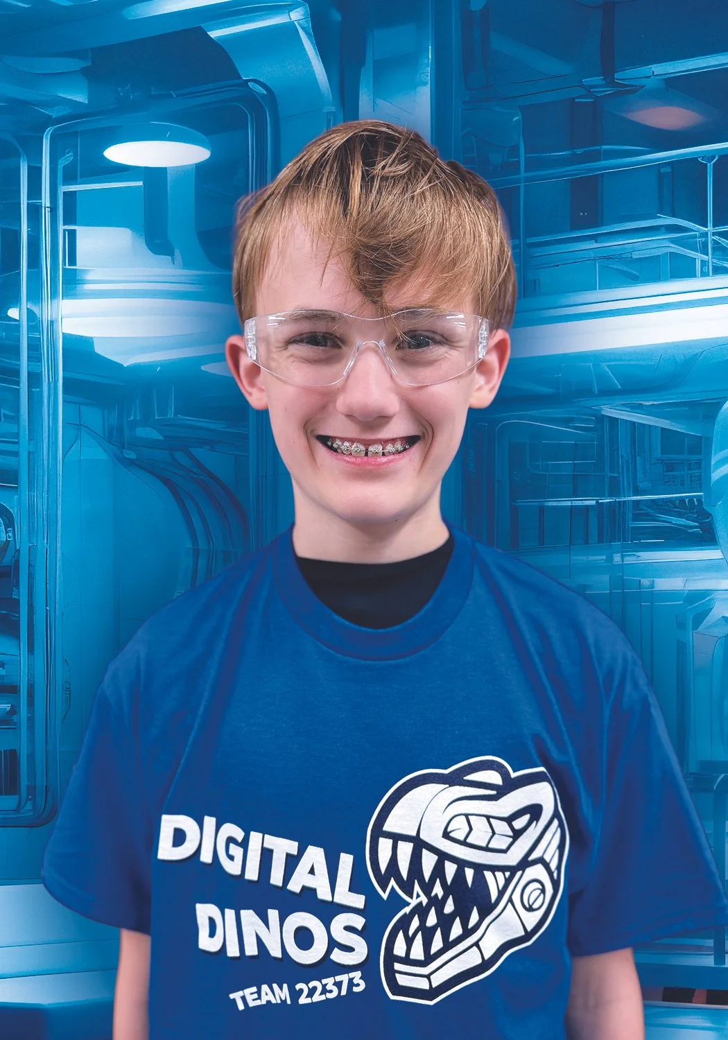 Young boy with glasses and braces smiling, wearing a blue T-shirt with a dinosaur graphic and the words 'Digital Dinos TEAM 22373' in front of blue lockers.