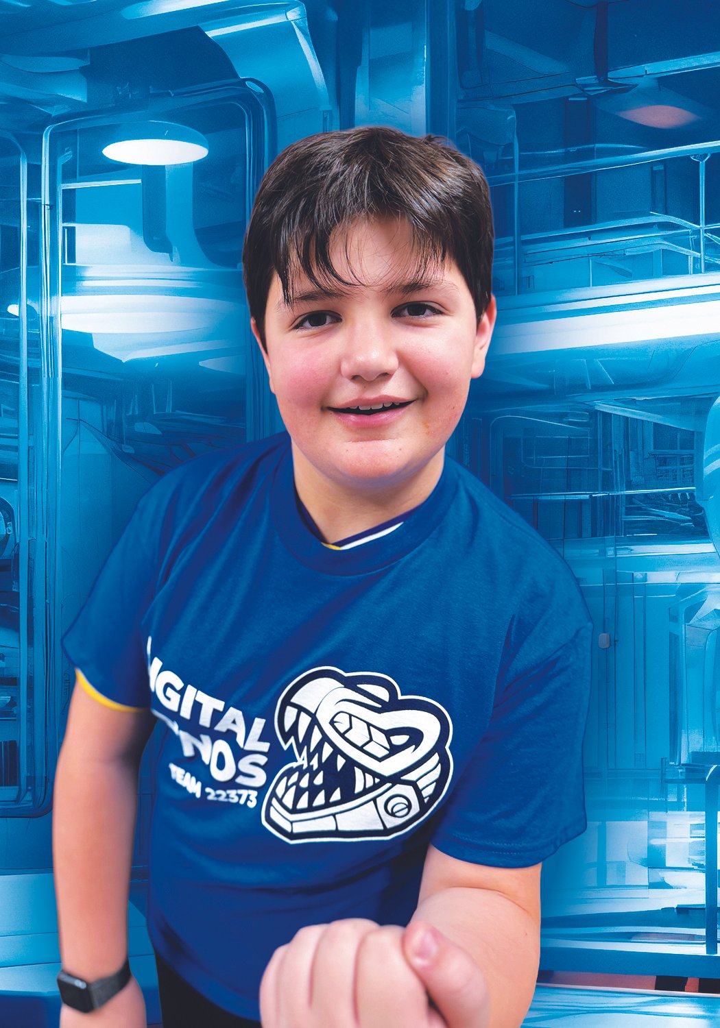 A young boy with dark hair smiling, wearing a blue T-shirt with a crocodile face logo, standing in front of a blue background of lockers or storage compartments.