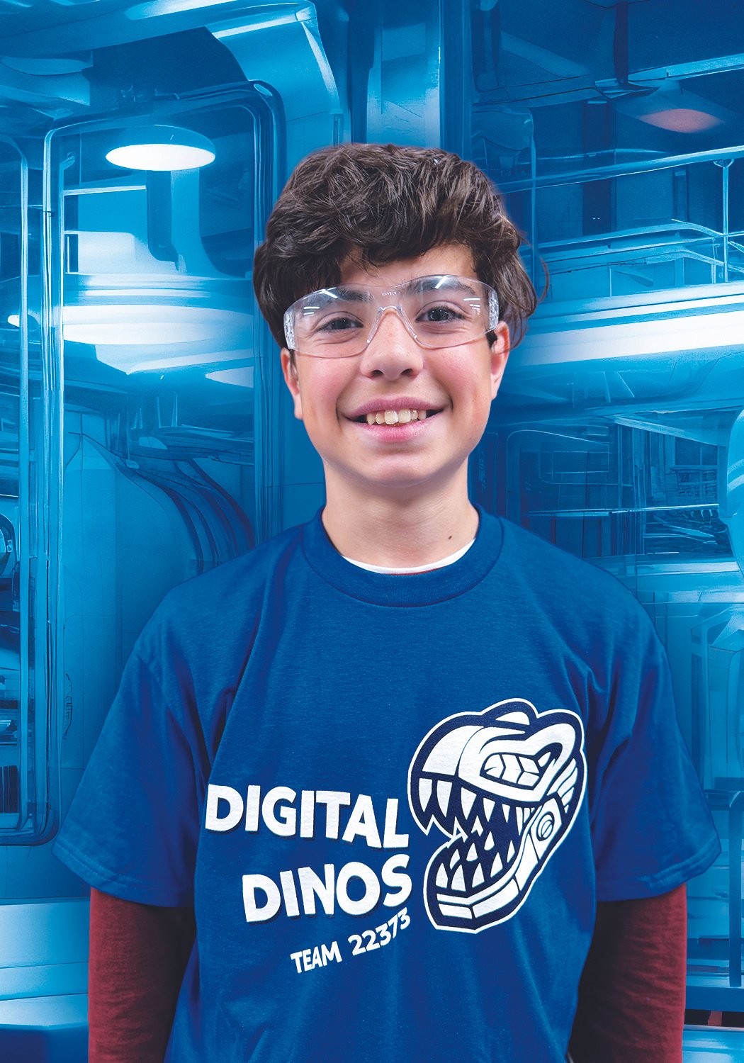 A young boy wearing safety glasses and a blue T-shirt with a dinosaur logo that says 'Digital Dinos Team 22373' standing in front of a reflective blue metallic background.