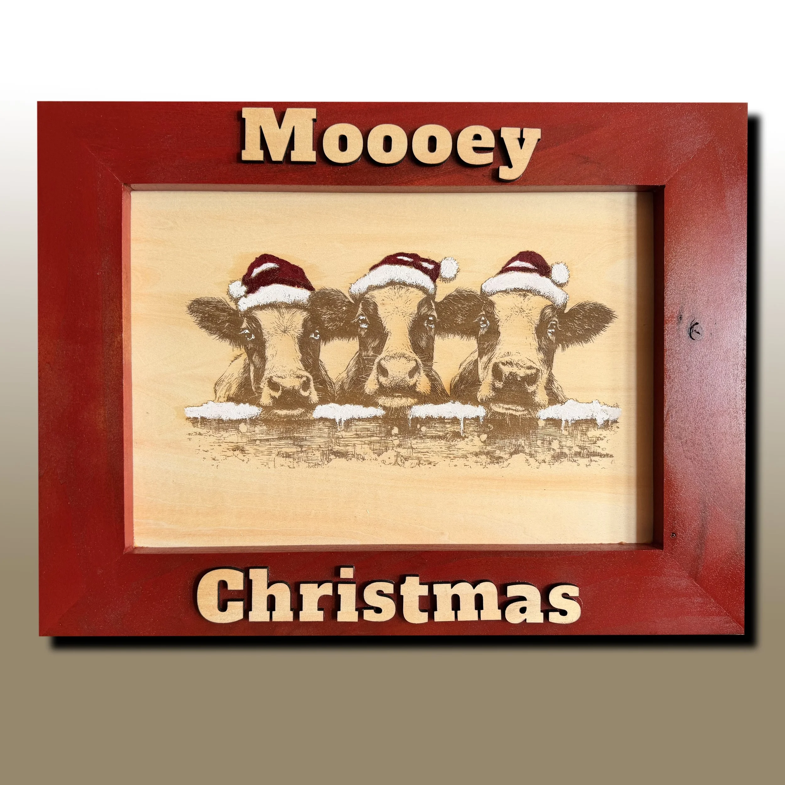 Moooey Christmas, Hand-Painted & Laser Engraved Holiday Wall Art