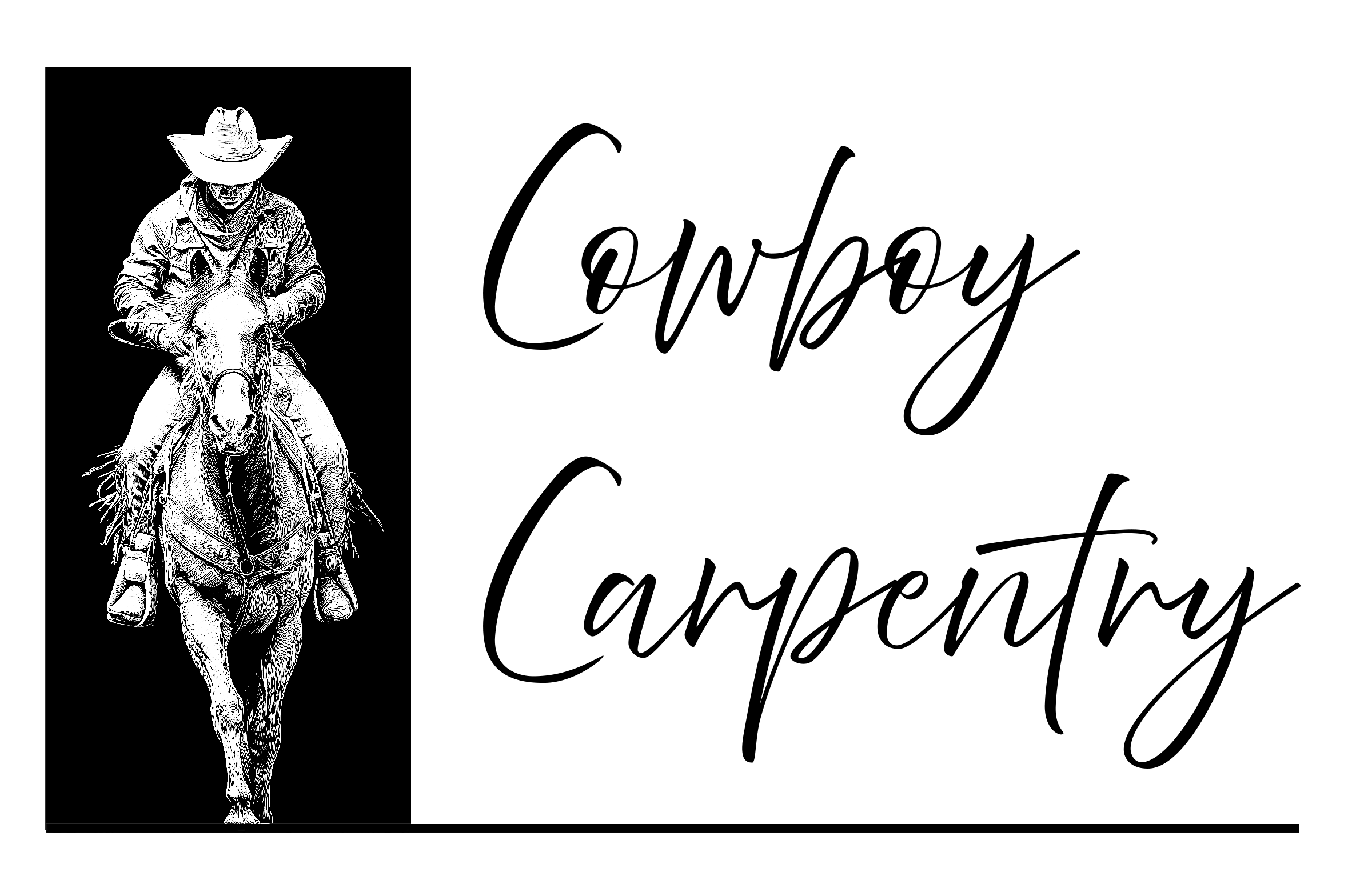 Black and white illustration of a cowboy riding a horse, wearing a hat and bandana.