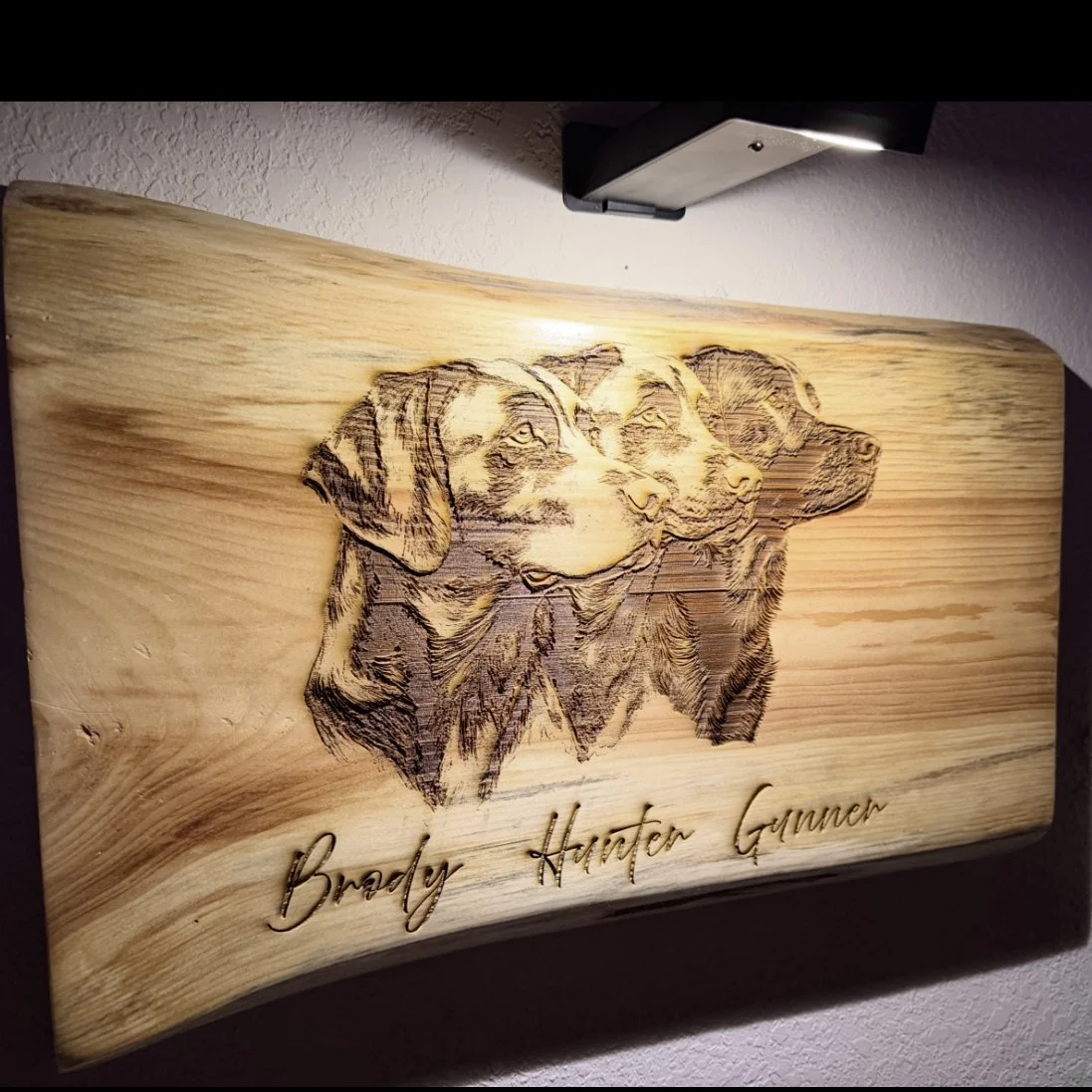 Wooden plaque with engraved portraits of three dogs and the name 'Brady Hunter Gummer' written below.