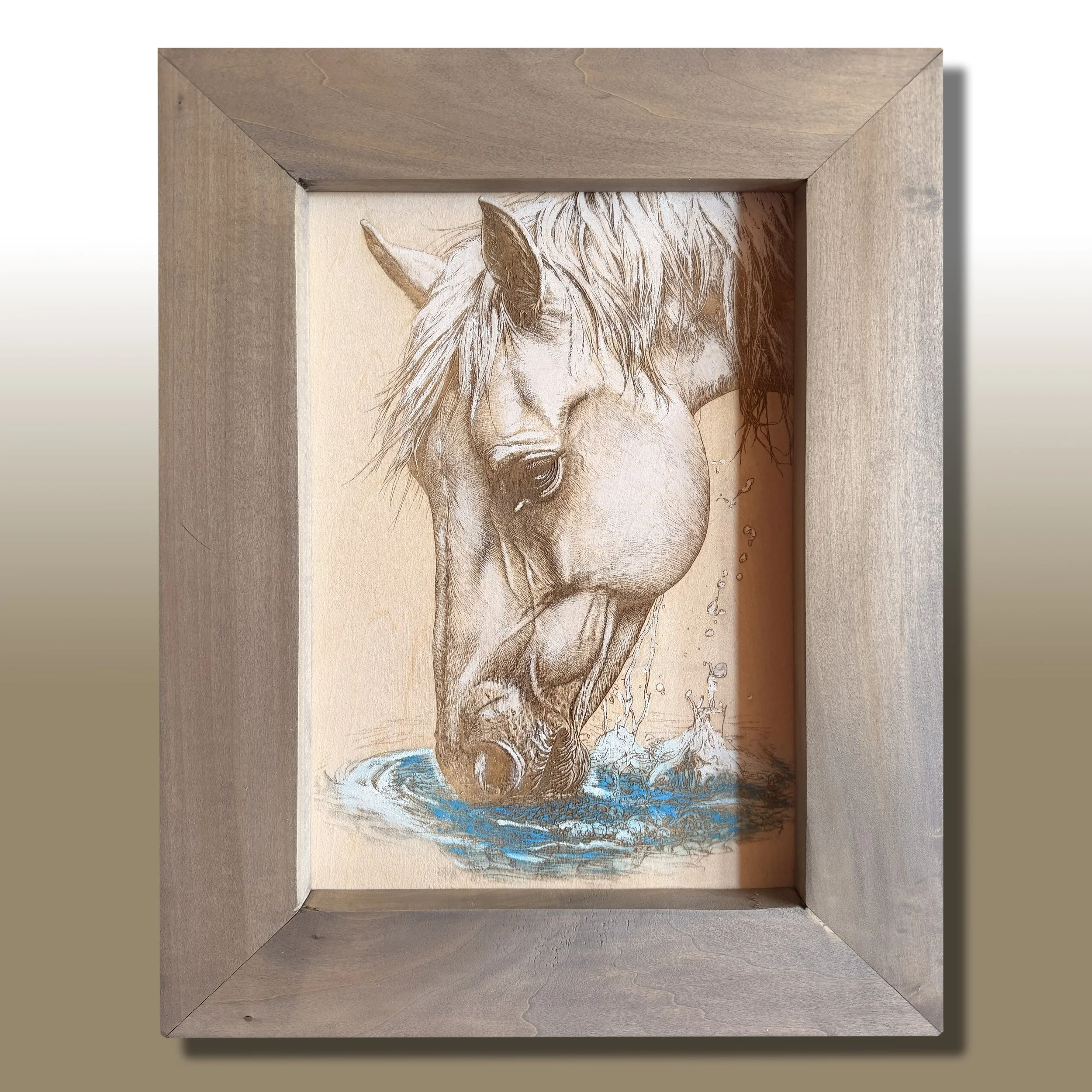 Framed artistic illustration of a horse's head with water splashes, in light brown and beige tones.