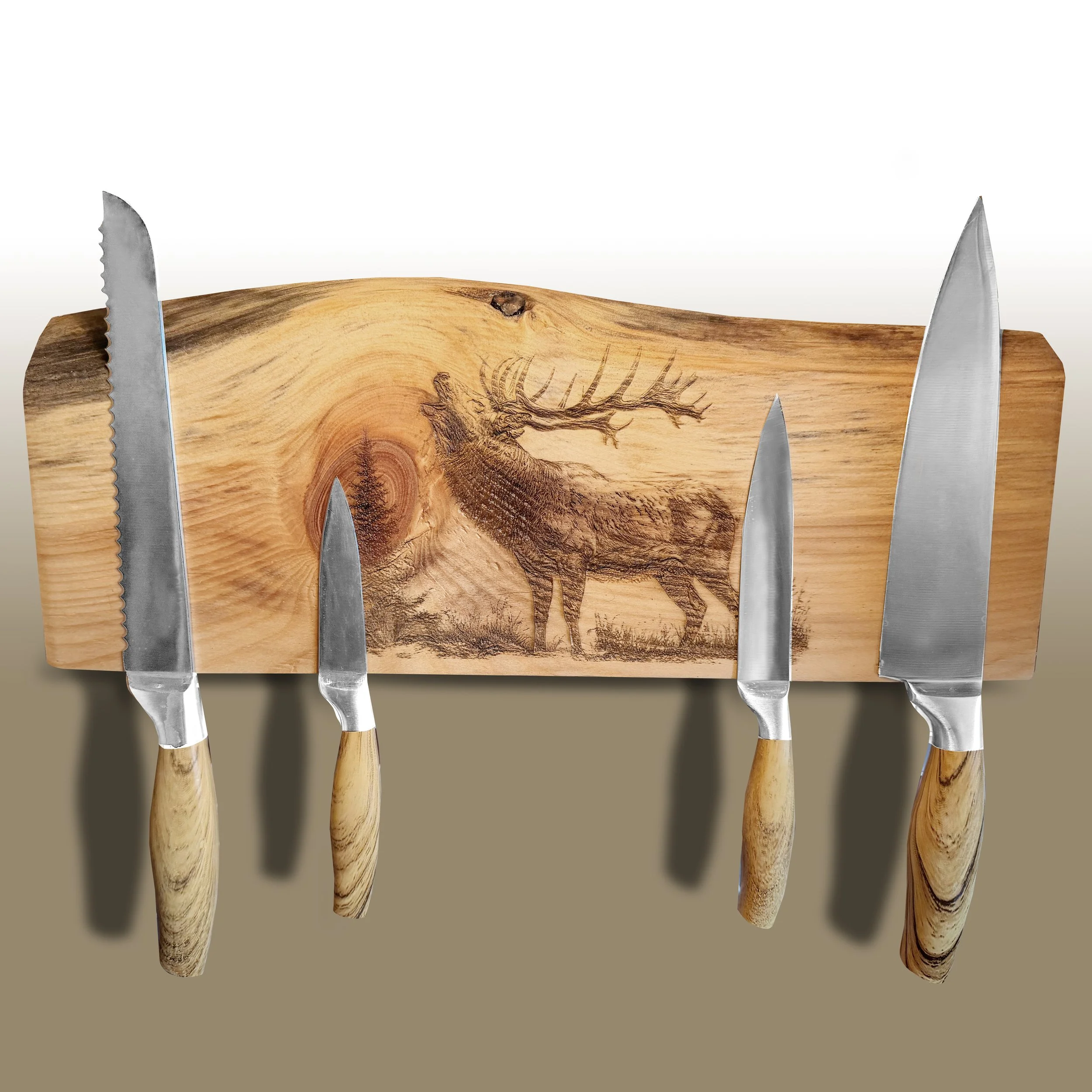 Set of six kitchen knives with wooden handles, displayed on a wooden cutting board with a nature scene engraving.