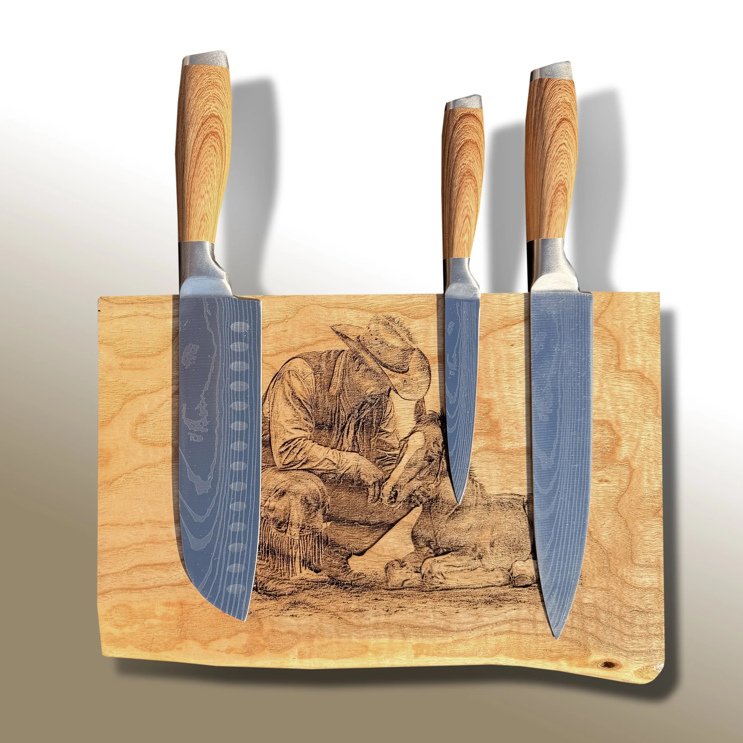 magnetic knife holder, knife holder with knives, horse lover gift, western kitchen decor, horse kitchen decor, ranch home decor, magnetic knife rack, handcrafted knife holder, equestrian decor, rustic kitchen storage, horse wall art, western home dec