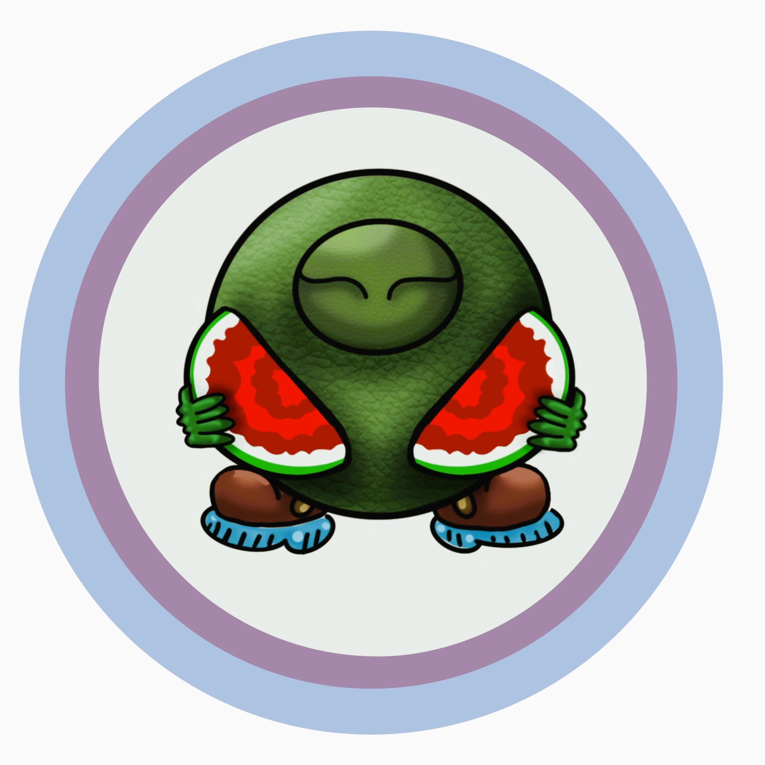 A cartoon-style frog with closed eyes, holding a slice of watermelon, sitting on the ground with grass and water around.
