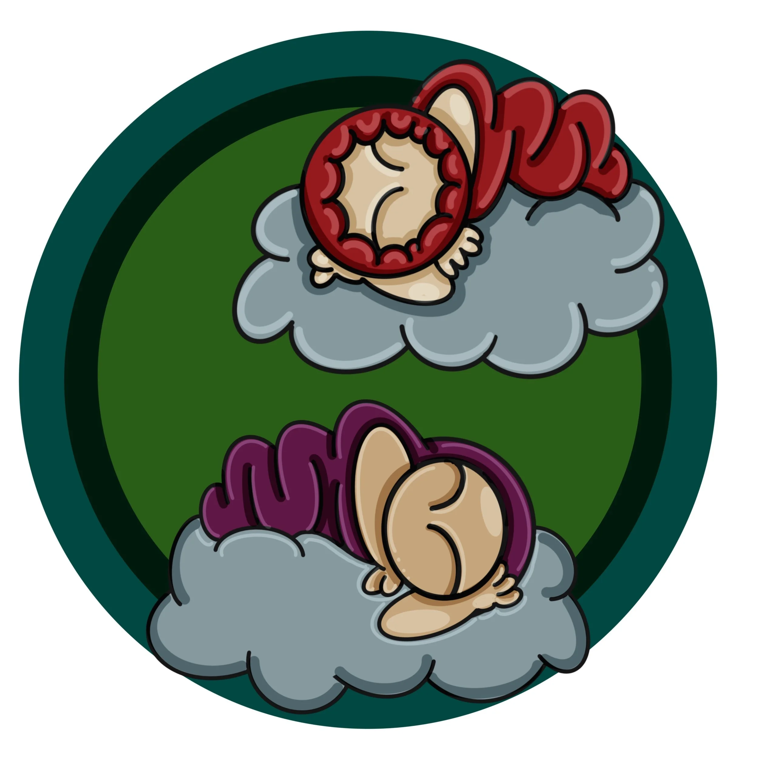 Illustration of two characters both in sleeping bags, upon grey clouds with a green background