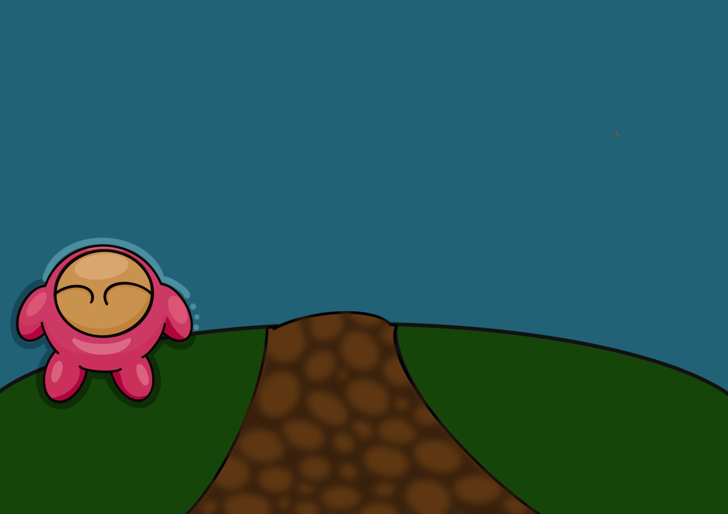 A round cartoon pink character with closed eyes standing on a grassy hill next to a dirt path against a blue sky.