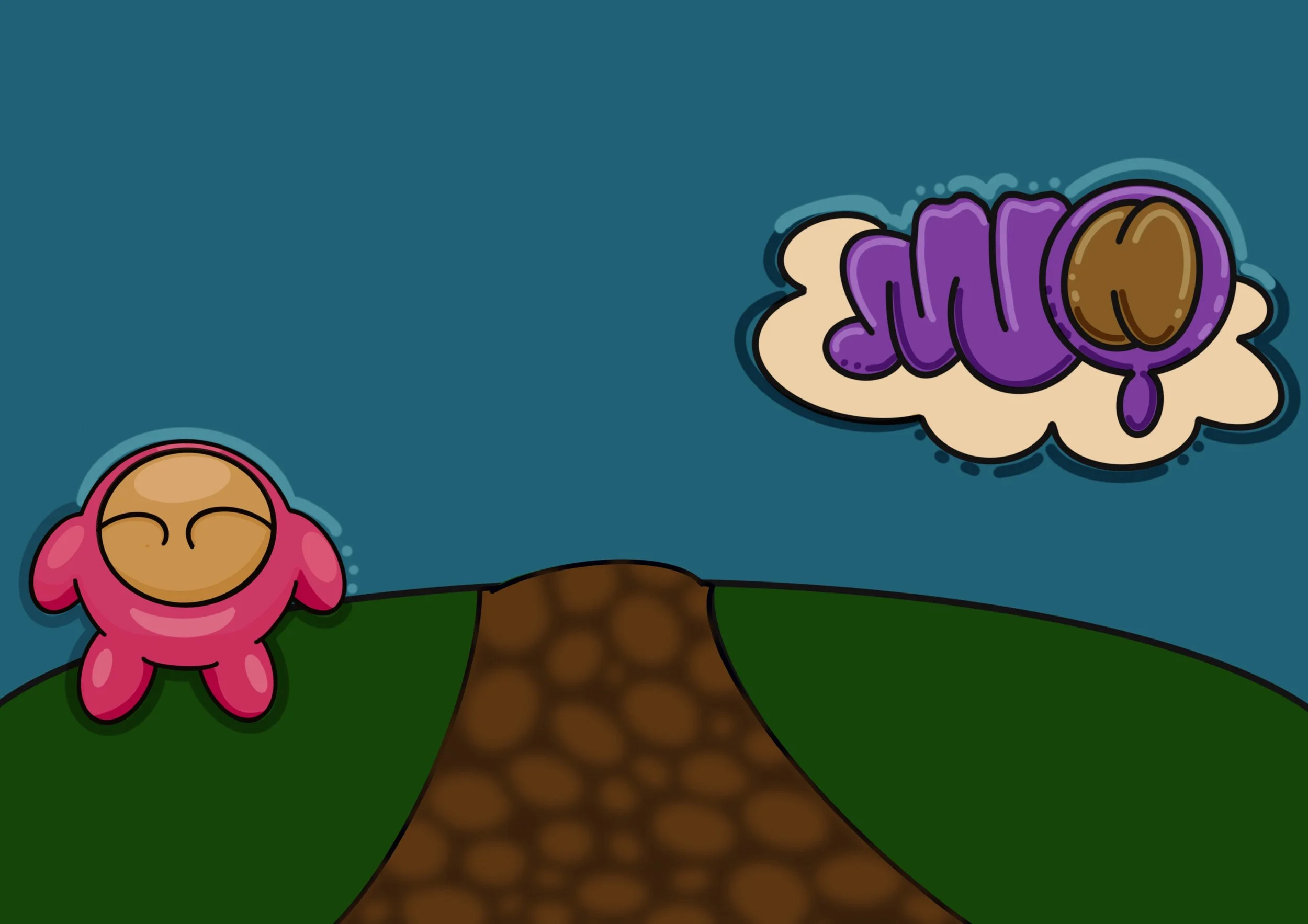 A round cartoon pink creature standing on green hills, next to a brown path, under a blue sky with a purple cloud.