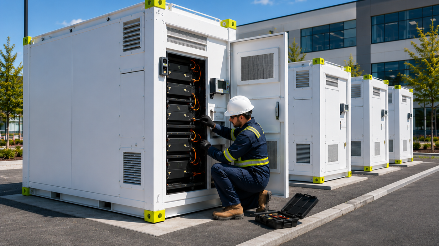A technician in safety gear working on electrical equipment inside an outdoor battery storage unit, with a row of similar units nearby on a paved area in front of a modern glass building.
