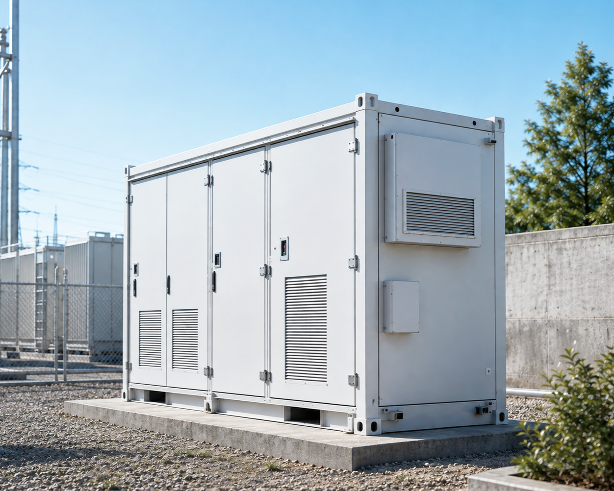 A large, white outdoor battery storage unit on a concrete pad, with ventilation slats and door locks, in an industrial or utility area.